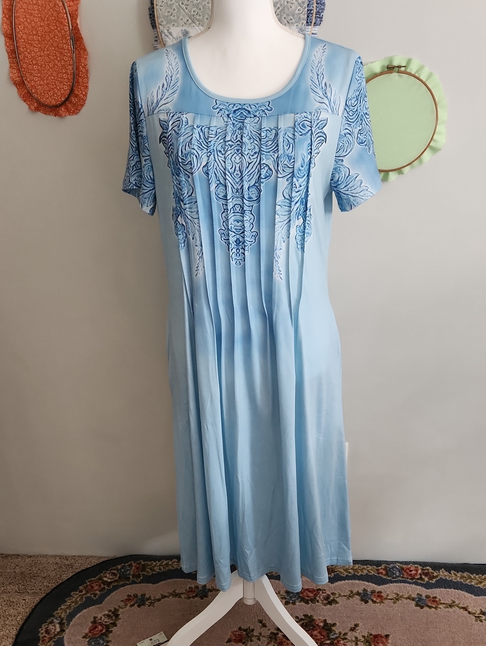 Women's Light Blue Embroidered Pleated Dress